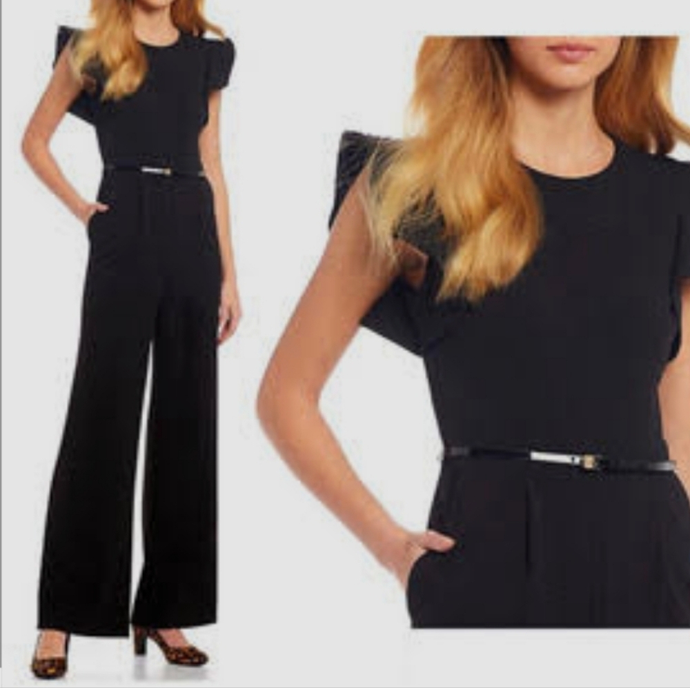 NWT Calvin Klein Ruffle Sleeve Belted Wide Leg Jumpsuit Size 14